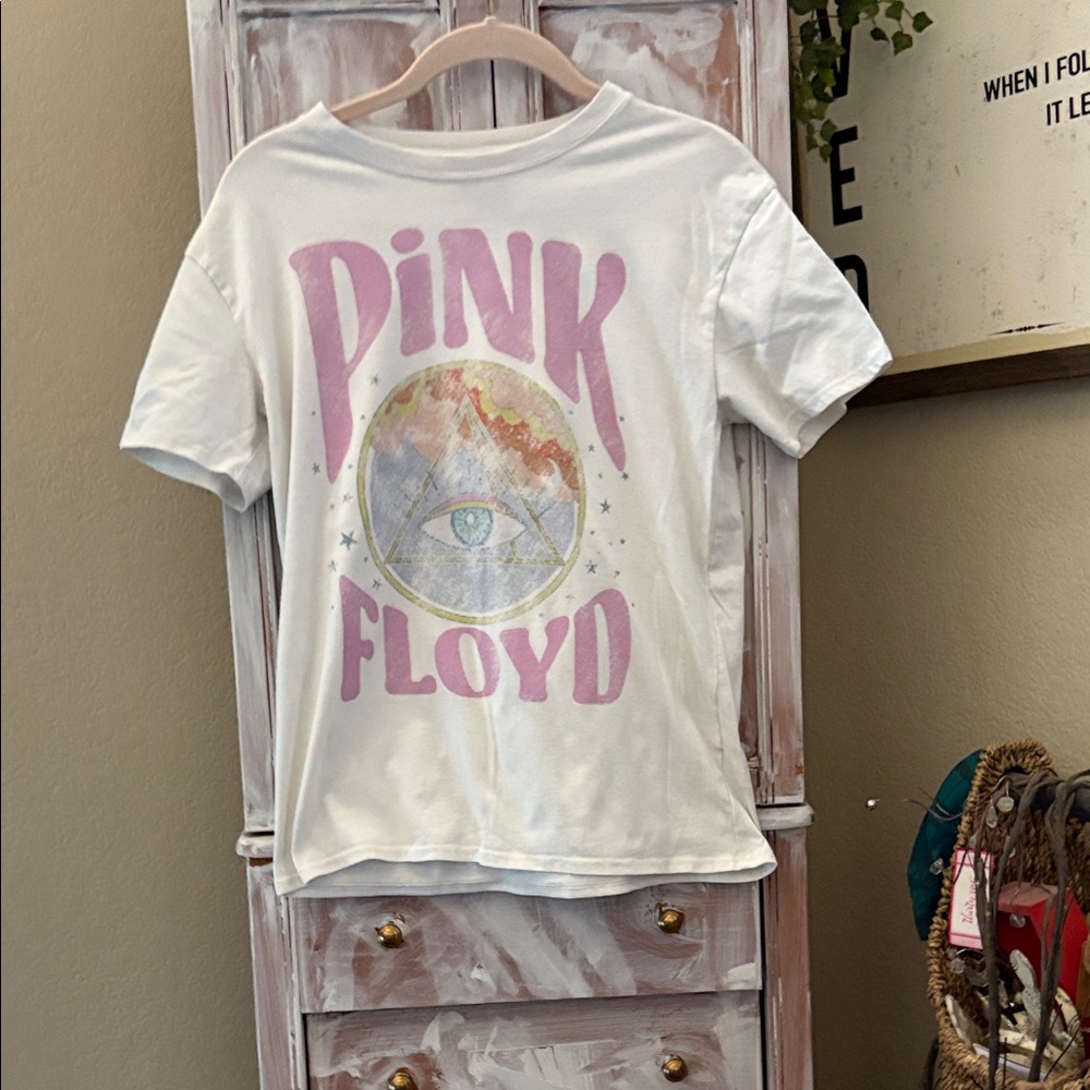 Pink Floyd White Tee with Pink Lettering and Multicolor Orb